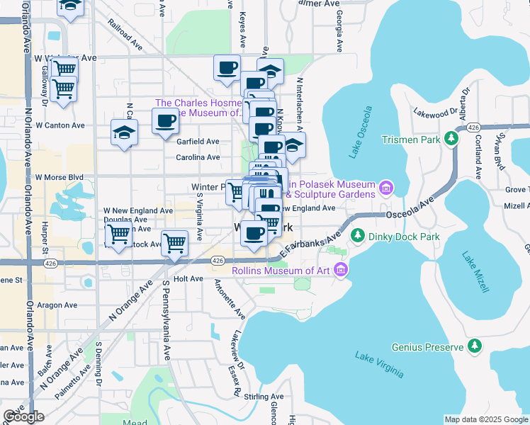 map of restaurants, bars, coffee shops, grocery stores, and more near 290 South Park Avenue in Winter Park