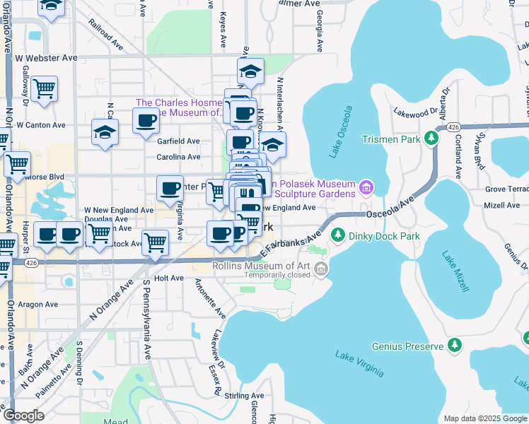 map of restaurants, bars, coffee shops, grocery stores, and more near 300 South Knowles Avenue in Winter Park