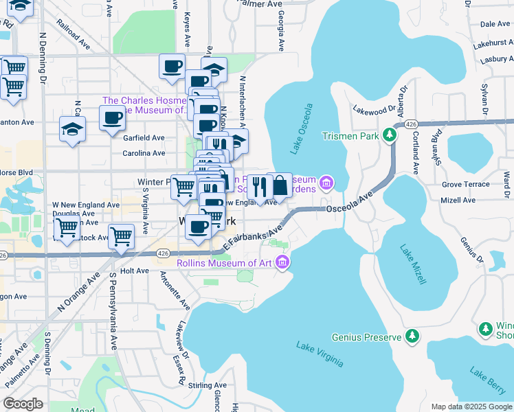 map of restaurants, bars, coffee shops, grocery stores, and more near 300 East New England Avenue in Winter Park