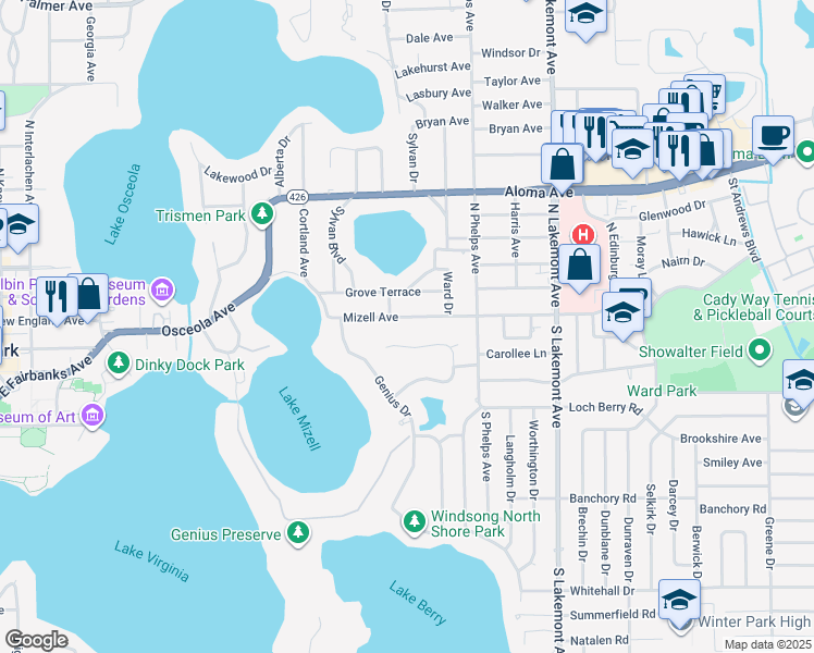 map of restaurants, bars, coffee shops, grocery stores, and more near 1480 Mizell Avenue in Winter Park