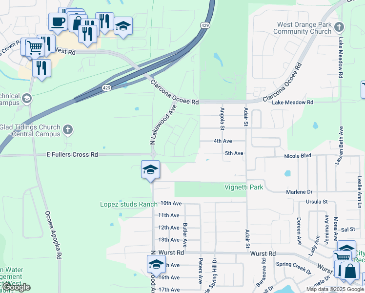 map of restaurants, bars, coffee shops, grocery stores, and more near 10711 North Lakewood Avenue in Apopka