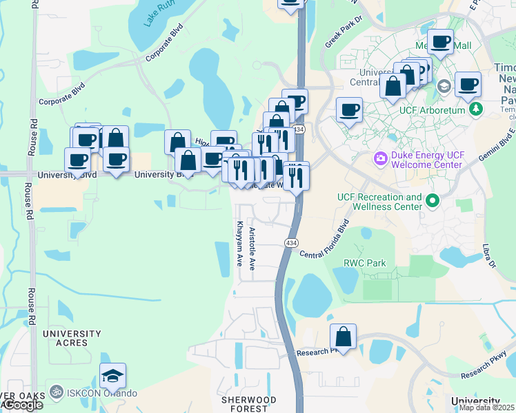 map of restaurants, bars, coffee shops, grocery stores, and more near 12093 Napiers Circle in Alafaya