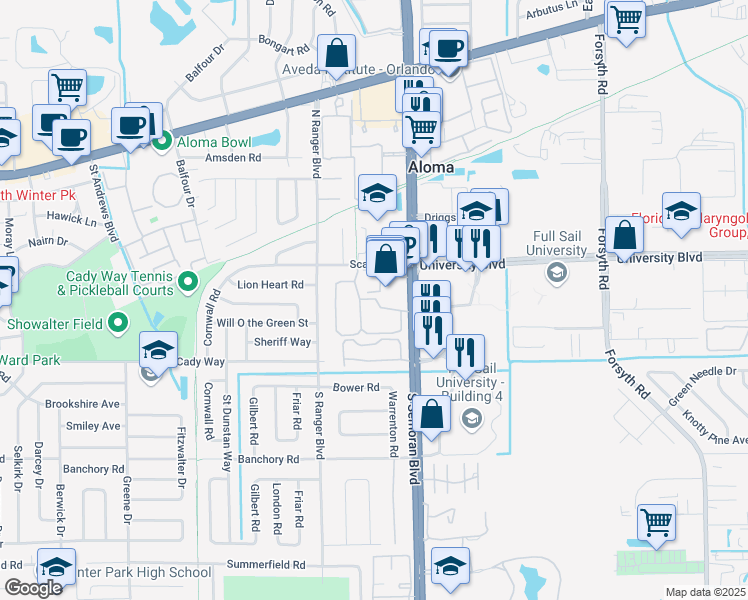 map of restaurants, bars, coffee shops, grocery stores, and more near 3159 U K Circle in Winter Park