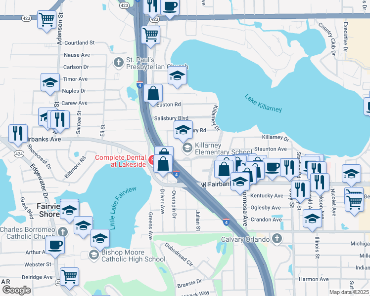 map of restaurants, bars, coffee shops, grocery stores, and more near 2401 Wellington Boulevard in Winter Park