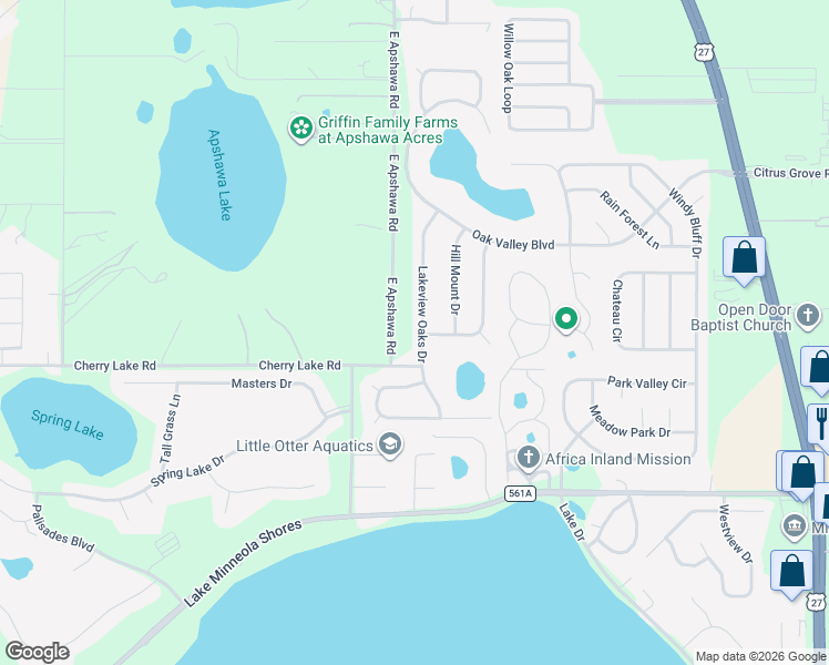 map of restaurants, bars, coffee shops, grocery stores, and more near 1032 Lakeview Oaks Drive in Minneola