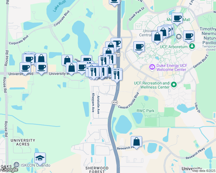 map of restaurants, bars, coffee shops, grocery stores, and more near 12193 Napiers Circle in Orlando