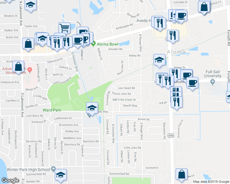 map of restaurants, bars, coffee shops, grocery stores, and more near 2723 Prince John Rd in Winter Park