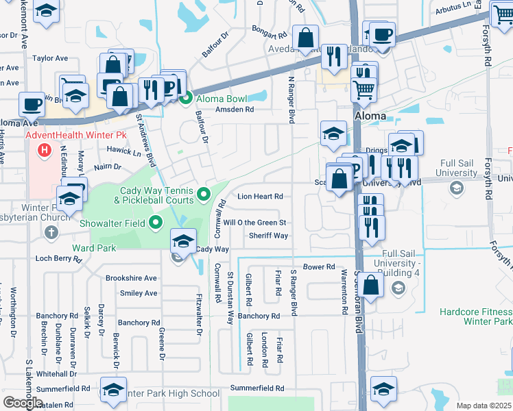 map of restaurants, bars, coffee shops, grocery stores, and more near 2771 Prince John Road in Winter Park