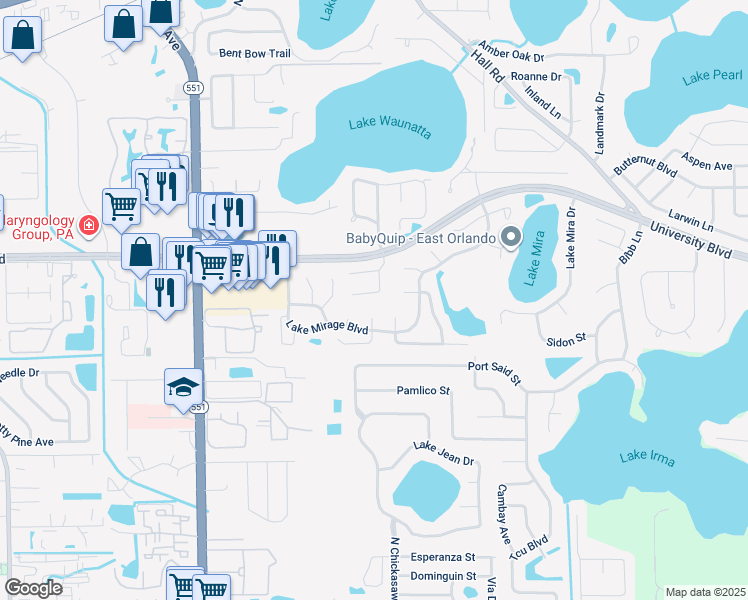 map of restaurants, bars, coffee shops, grocery stores, and more near 3833 Donna Lynn Lane in Orlando