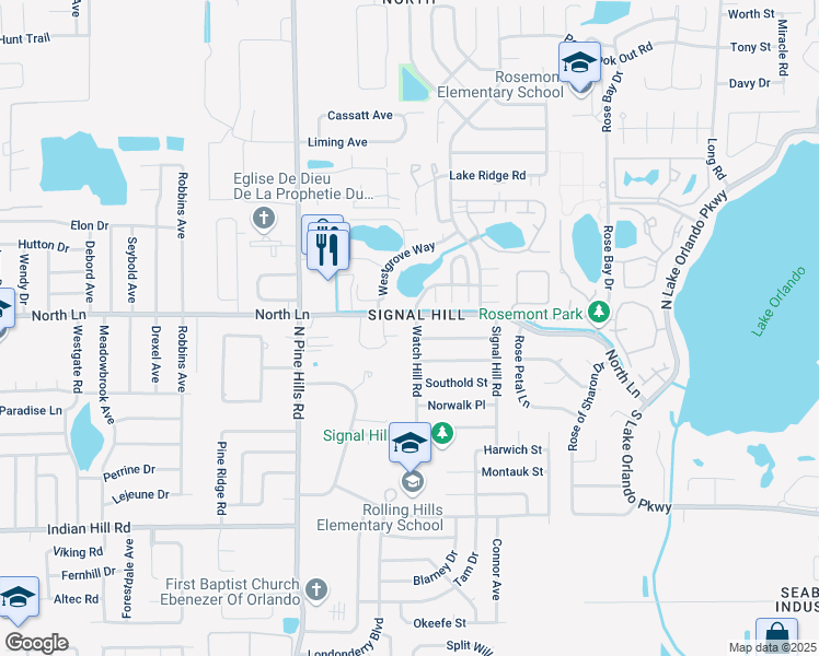 map of restaurants, bars, coffee shops, grocery stores, and more near 4388 Watch Hill Road in Orlando