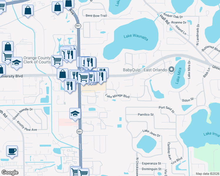 map of restaurants, bars, coffee shops, grocery stores, and more near 7719 Brookway Street in Orlando