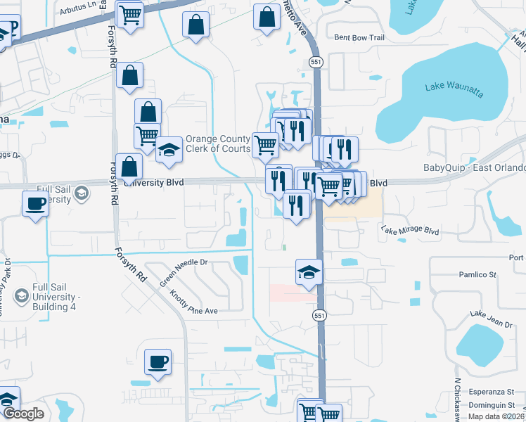 map of restaurants, bars, coffee shops, grocery stores, and more near 3920 Calibre Bend Trail in Winter Park