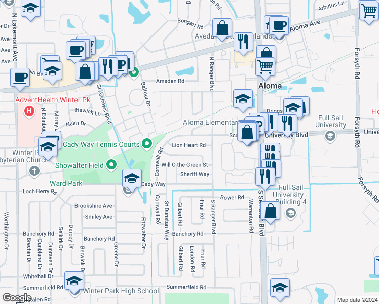 map of restaurants, bars, coffee shops, grocery stores, and more near 2771 Prince John Road in Winter Park