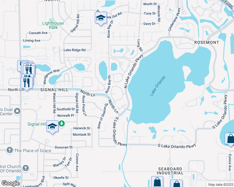 map of restaurants, bars, coffee shops, grocery stores, and more near 4401 Scenic Lake Drive in Orlando