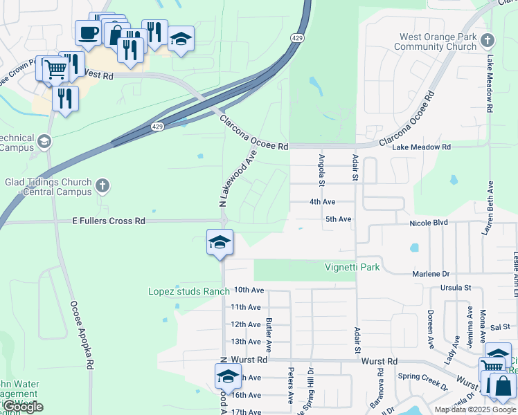 map of restaurants, bars, coffee shops, grocery stores, and more near 10711 North Lakewood Avenue in Apopka
