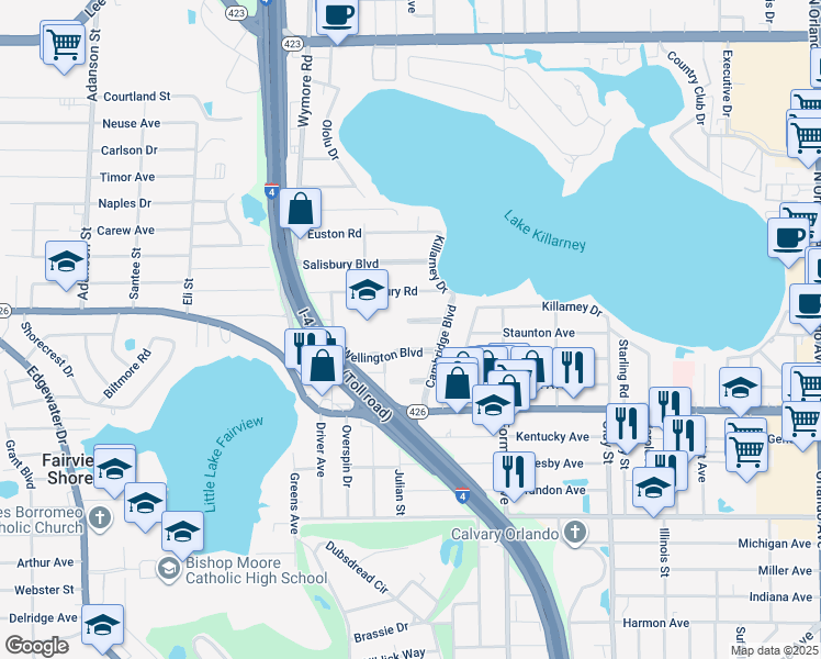 map of restaurants, bars, coffee shops, grocery stores, and more near 2400 Westminster Court in Winter Park