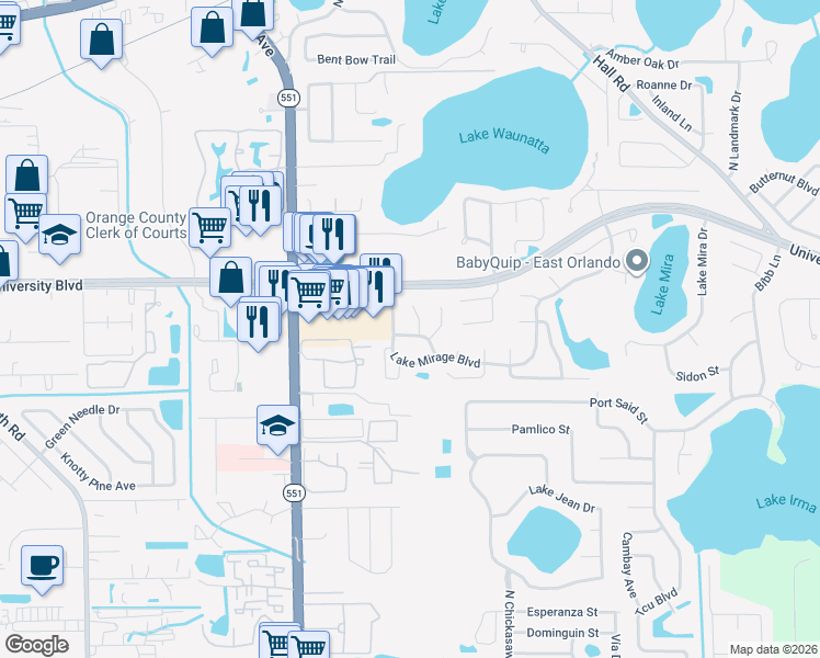 map of restaurants, bars, coffee shops, grocery stores, and more near 7719 Brookway Street in Orlando