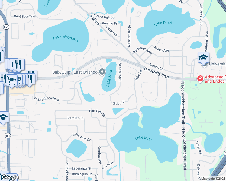 map of restaurants, bars, coffee shops, grocery stores, and more near 3966 Lake Mira Drive in Orlando