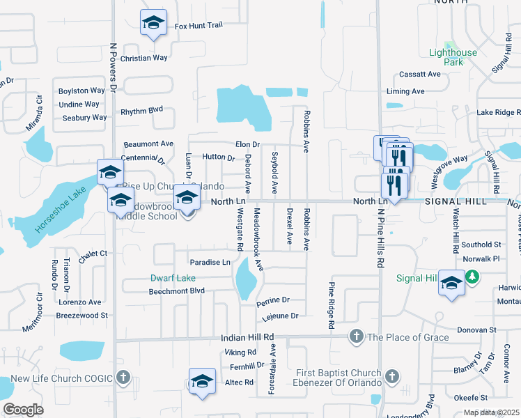 map of restaurants, bars, coffee shops, grocery stores, and more near 4315 Meadowbrook Avenue in Orlando