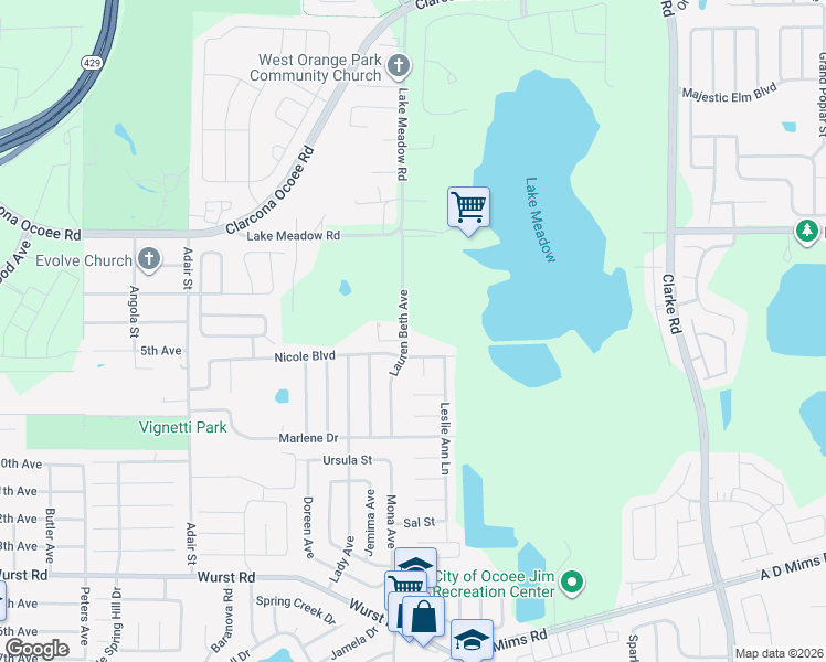 map of restaurants, bars, coffee shops, grocery stores, and more near 2121 Lauren Beth Avenue in Ocoee
