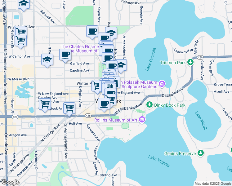 map of restaurants, bars, coffee shops, grocery stores, and more near 300 South Knowles Avenue in Winter Park