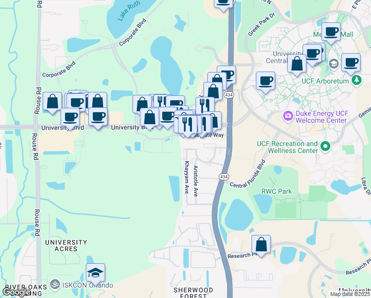 map of restaurants, bars, coffee shops, grocery stores, and more near 12035 Socrates Drive in Orlando