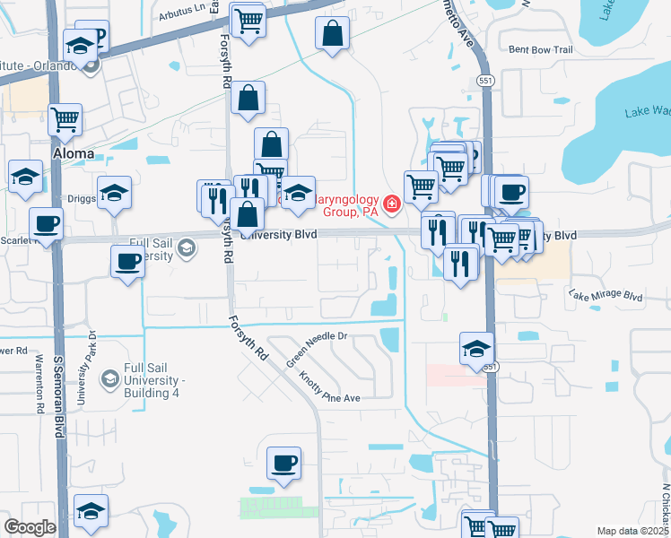 map of restaurants, bars, coffee shops, grocery stores, and more near 6522 Centerwalk Drive in Winter Park