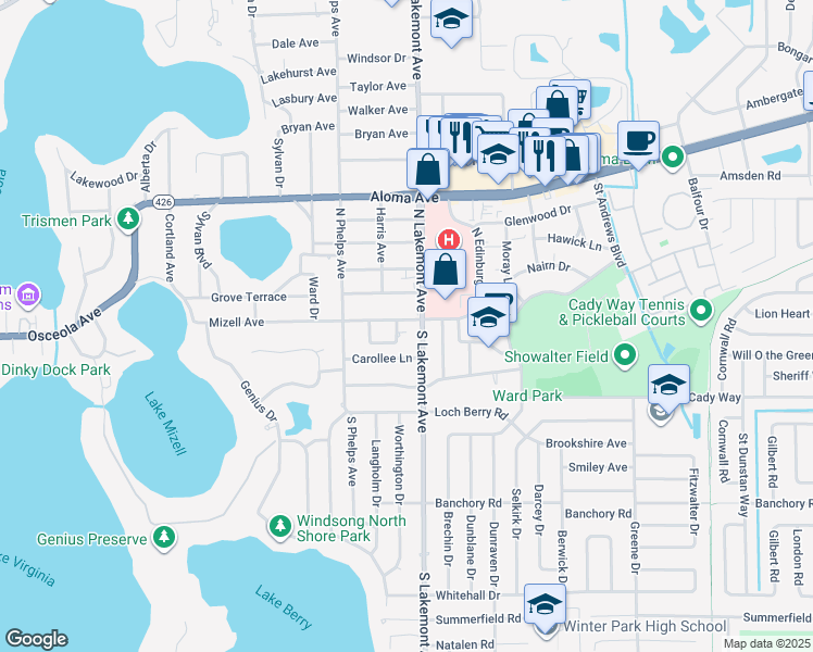 map of restaurants, bars, coffee shops, grocery stores, and more near 1848 Mizell Avenue in Winter Park