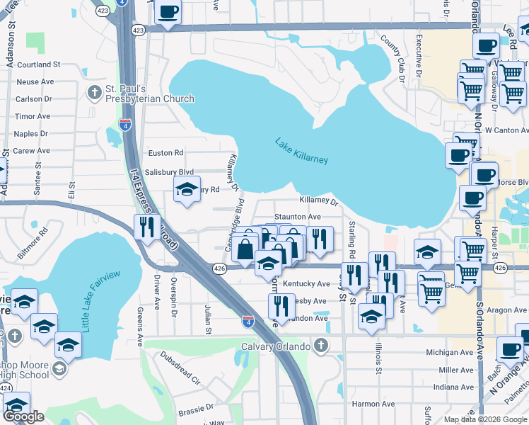 map of restaurants, bars, coffee shops, grocery stores, and more near 2111 Staunton Avenue in Winter Park