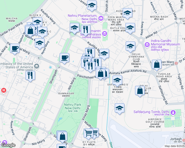 map of restaurants, bars, coffee shops, grocery stores, and more near 50 Niti Marg in New Delhi