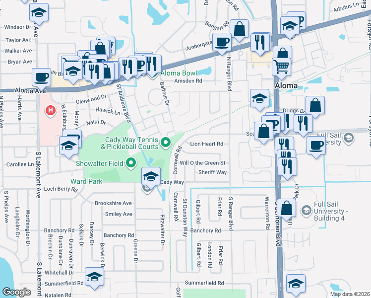map of restaurants, bars, coffee shops, grocery stores, and more near 2723 Prince John Road in Winter Park
