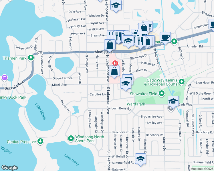map of restaurants, bars, coffee shops, grocery stores, and more near 1848 Mizell Avenue in Winter Park
