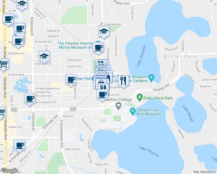 map of restaurants, bars, coffee shops, grocery stores, and more near 300 South Knowles Avenue in Winter Park