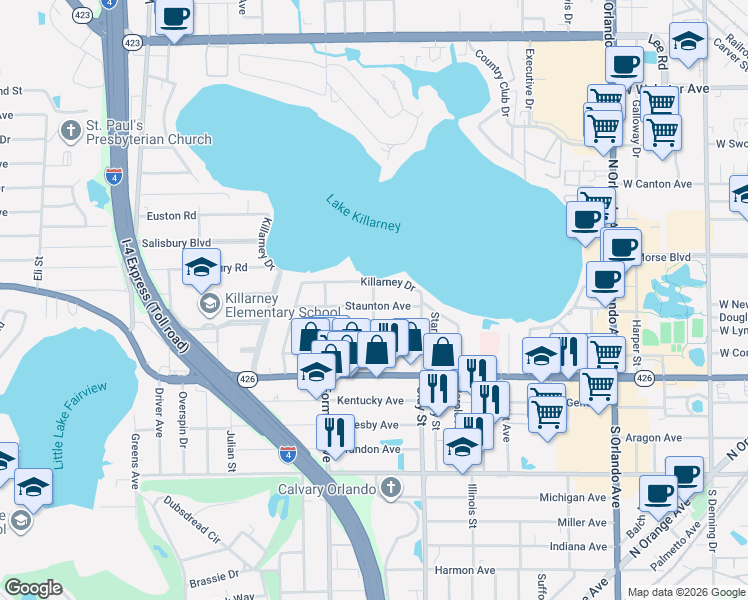 map of restaurants, bars, coffee shops, grocery stores, and more near 1893 Staunton Avenue in Winter Park