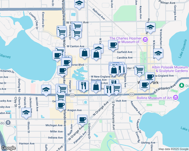 map of restaurants, bars, coffee shops, grocery stores, and more near 835 West New England Avenue in Winter Park