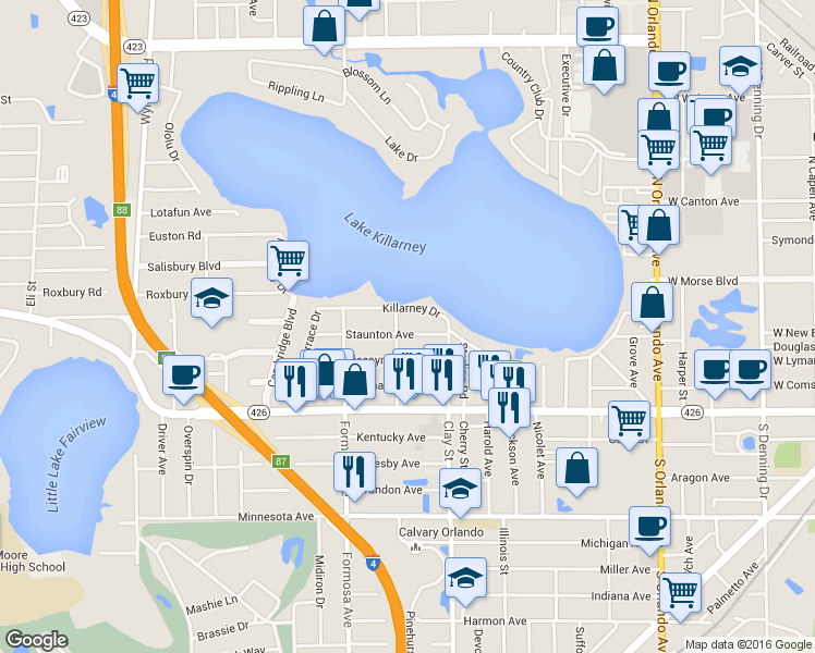 map of restaurants, bars, coffee shops, grocery stores, and more near 1893 Staunton Avenue in Winter Park
