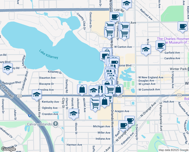 map of restaurants, bars, coffee shops, grocery stores, and more near 281 Killarney Drive in Winter Park