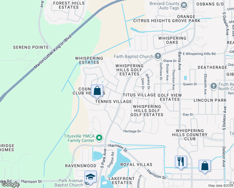 map of restaurants, bars, coffee shops, grocery stores, and more near 1642 South Park Avenue in Titusville