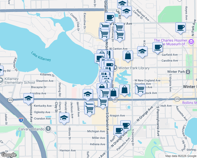 map of restaurants, bars, coffee shops, grocery stores, and more near 415 South Orlando Avenue in Winter Park
