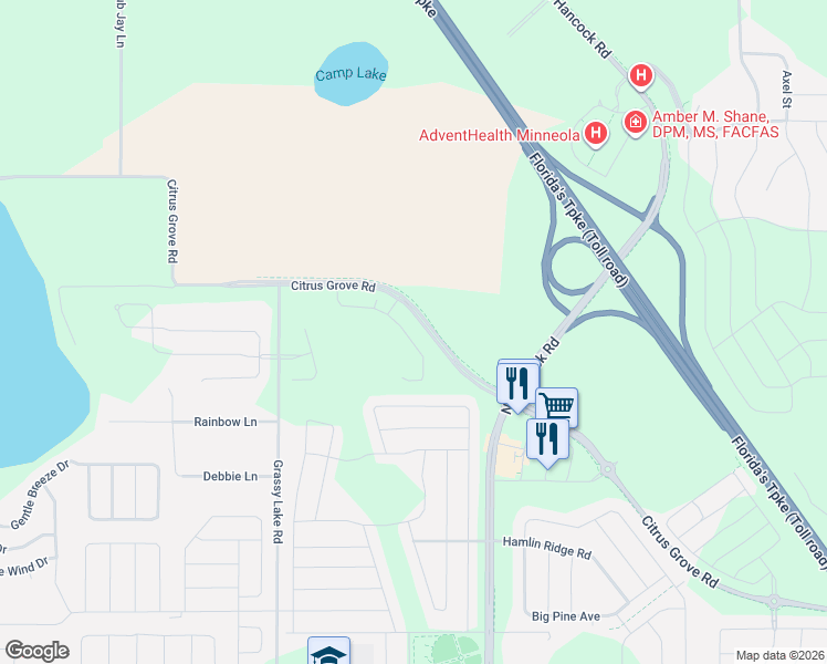 map of restaurants, bars, coffee shops, grocery stores, and more near 1200 Turkey Farm Road in Minneola