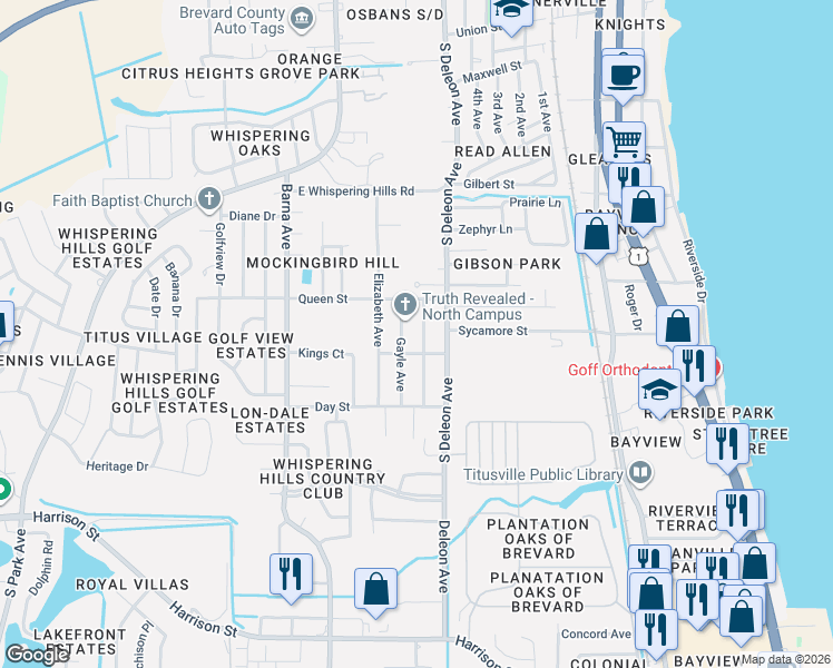 map of restaurants, bars, coffee shops, grocery stores, and more near 1620 Craig Avenue in Titusville