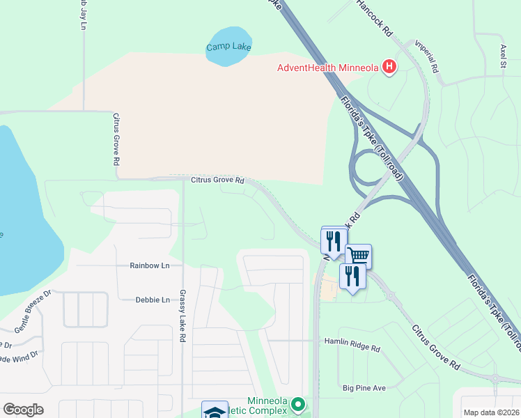 map of restaurants, bars, coffee shops, grocery stores, and more near 1200 Turkey Farm Road in Minneola