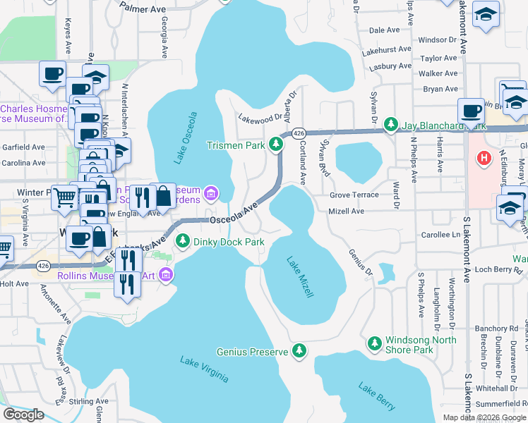 map of restaurants, bars, coffee shops, grocery stores, and more near 516 Henkel Circle in Winter Park