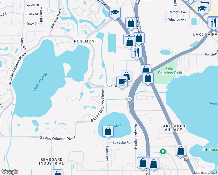 map of restaurants, bars, coffee shops, grocery stores, and more near 4436 Bay Breeze Road in Orlando