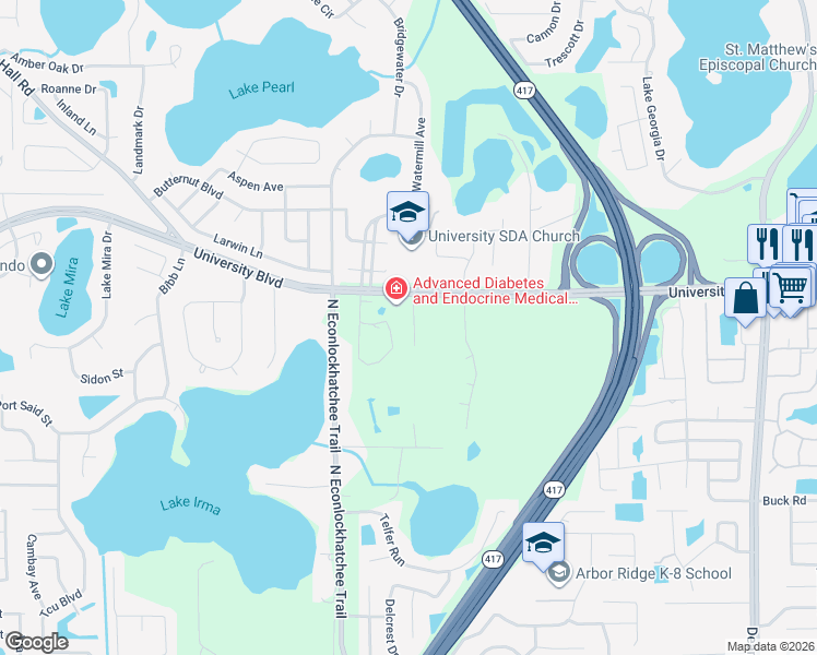 map of restaurants, bars, coffee shops, grocery stores, and more near 3925 Greenview Pines Court in Orlando