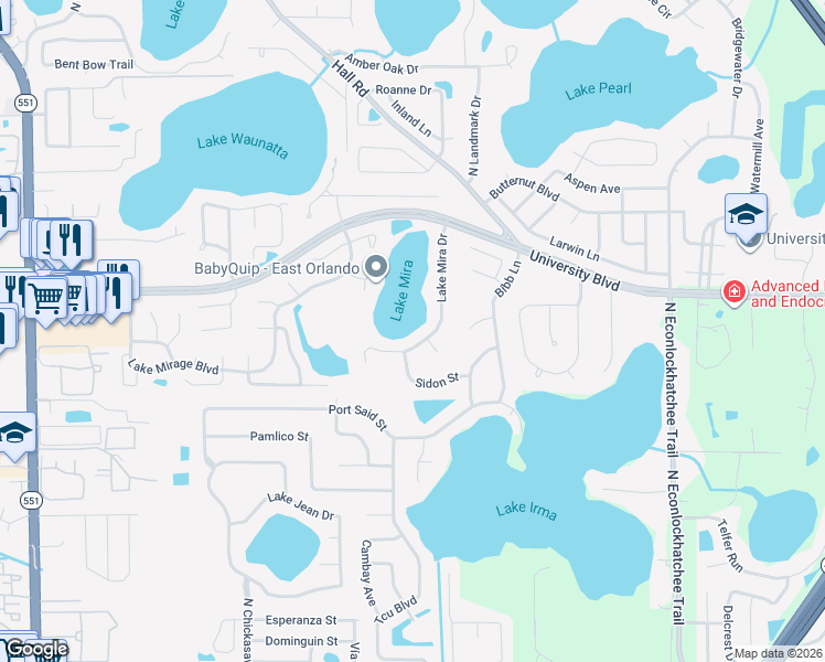 map of restaurants, bars, coffee shops, grocery stores, and more near 3966 Lake Mira Drive in Orlando