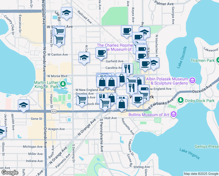 map of restaurants, bars, coffee shops, grocery stores, and more near 433 West New England Avenue in Winter Park