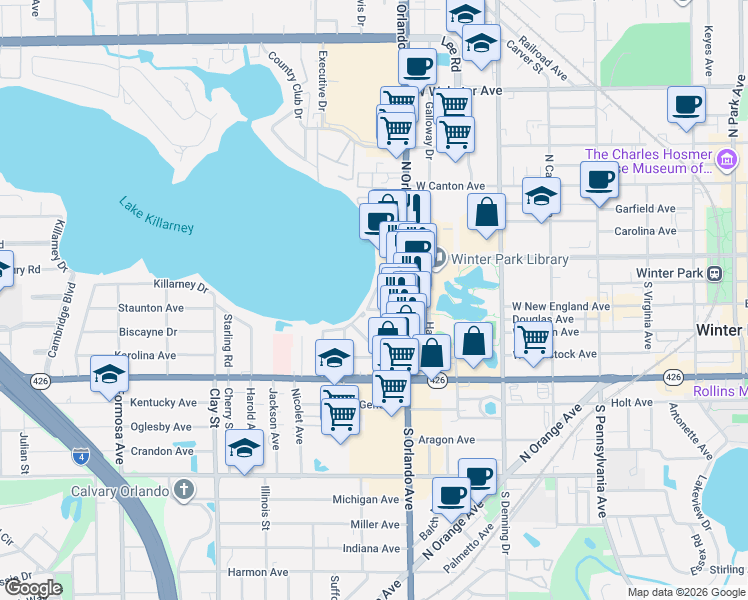 map of restaurants, bars, coffee shops, grocery stores, and more near 415 South Orlando Avenue in Winter Park