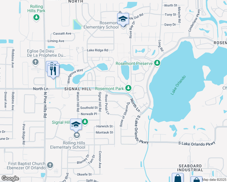map of restaurants, bars, coffee shops, grocery stores, and more near 4697 North Lane in Orlando