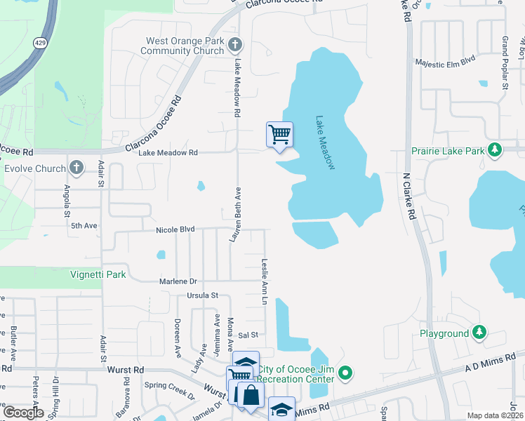 map of restaurants, bars, coffee shops, grocery stores, and more near 2121 Lauren Beth Avenue in Ocoee